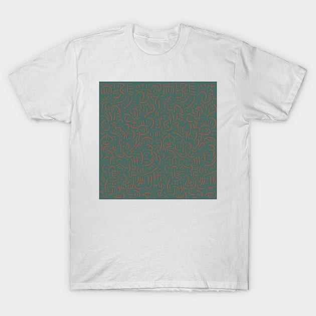 Simple graphic pattern with short lines, red on green T-Shirt by Chris W